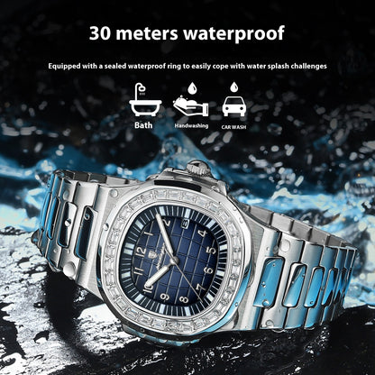 Quartz dress watch with silver metal bracelet and dark blue dial, splashing water