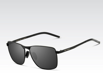 Men's polarized UV400 sunglasses with black metal frame and dark gray polarized lenses