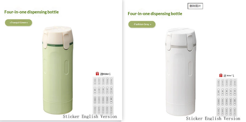 Labeled 4-in-1 travel dispenser bottle with flip-top lid and color-coded dispensing sections