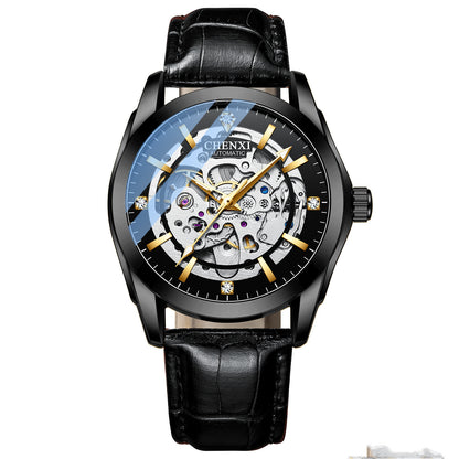 Black mechanical watch with black leather strap, skeleton dial and bezel.