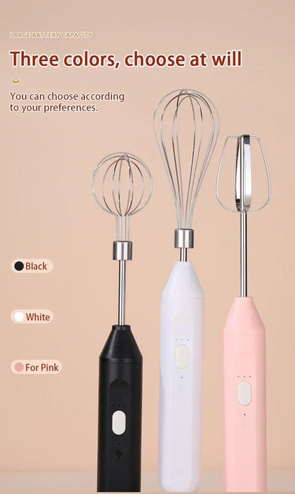 Wireless egg beater color options: black, white, and pink with whisk and beater heads