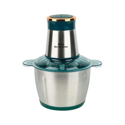 Stainless steel and teal food chopper with 'Royal Silver Crest' branding on a white background