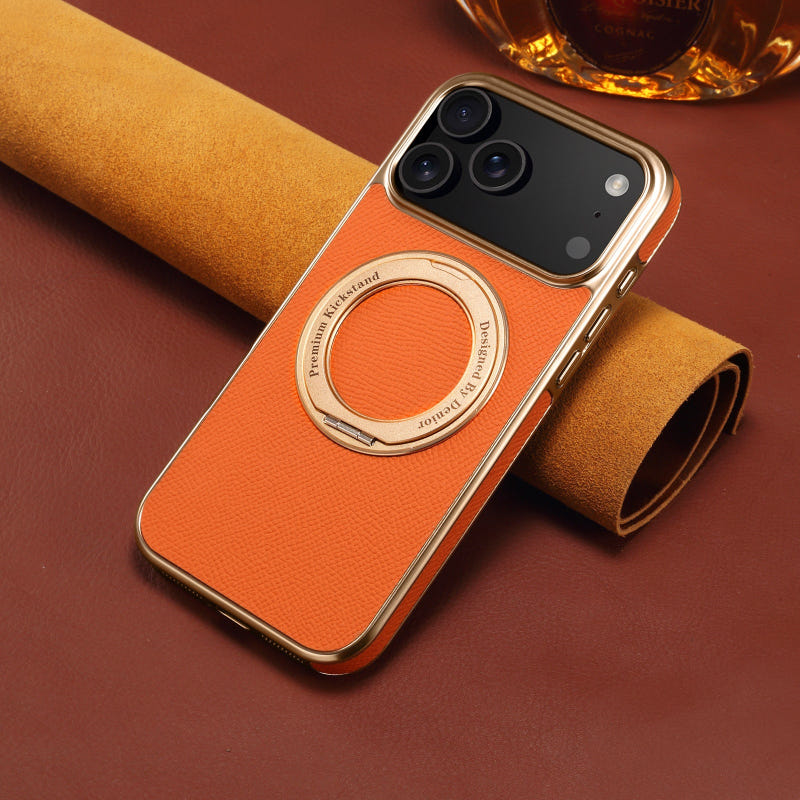 Orange genuine leather iPhone case with electroplated edges and magnetic ring, camera cutout