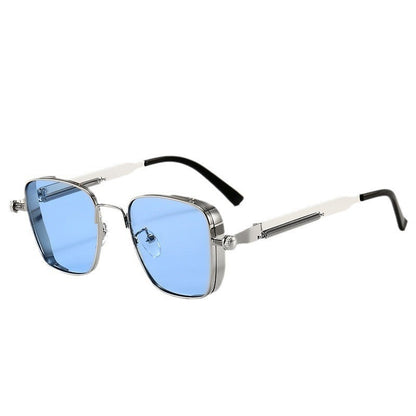Sunglasses with blue lenses and silver frames on a white background