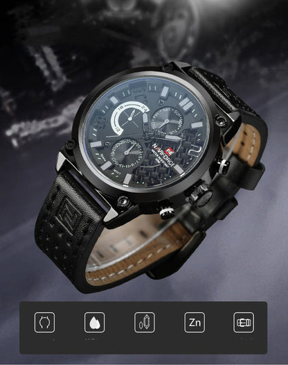 48mm multi-function quartz watch, black dial with sub-dials and black leather strap