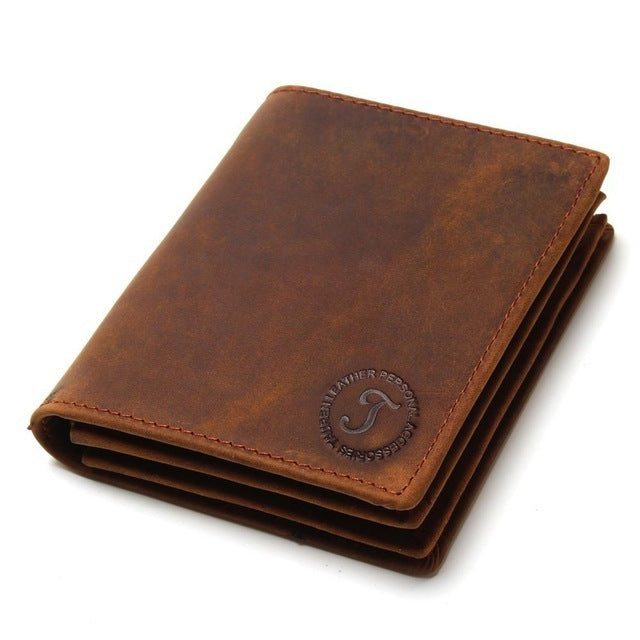Brown leather wallet with a brand logo on a white background