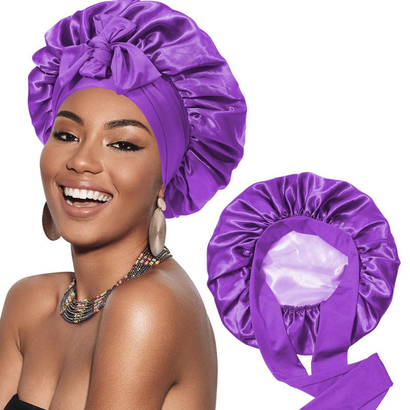 Satin ribbon round cap in purple satin with gathered bow and circular ruched brim