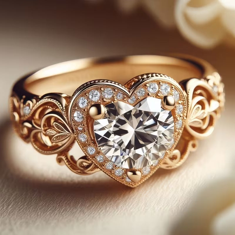 Rose gold ring with a heart-shaped diamond on a soft background