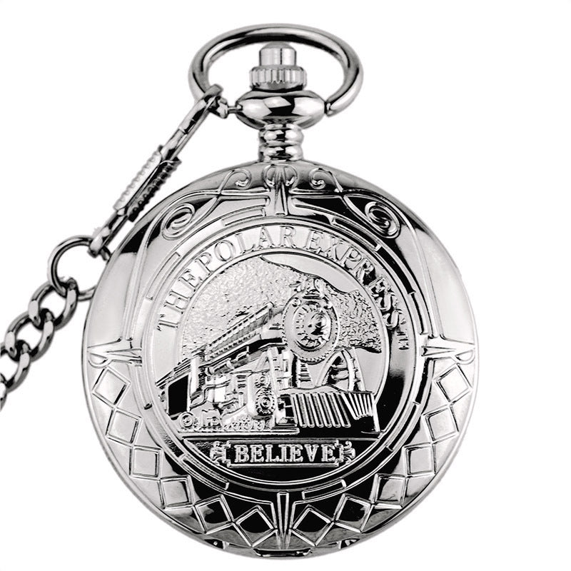 Silver mechanical pocket watch with engraved round dial and hanging chain