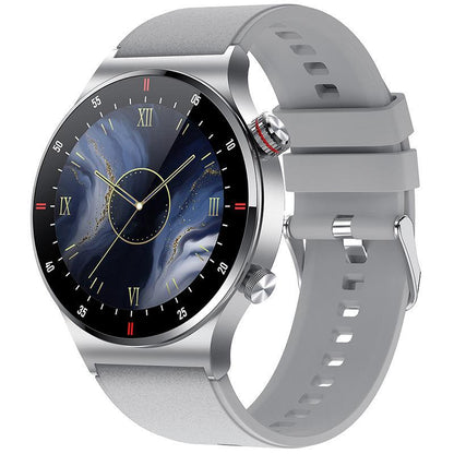 Bluetooth calling smartwatch with stainless steel case and gray silicone strap, blue round display