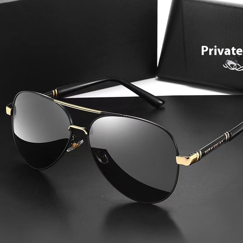 Black sunglasses with gold accents on a dark surface, with 'Private' branding in the background.