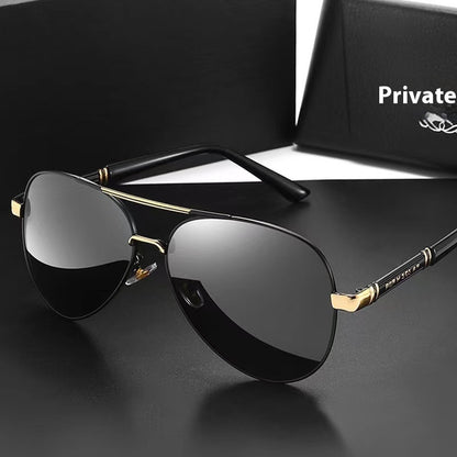 Black sunglasses with gold accents on a dark surface, with 'Private' branding in the background.