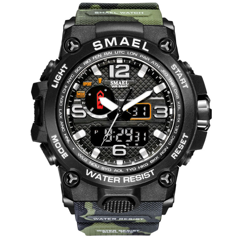 Smael watch with green camouflage strap on a white background