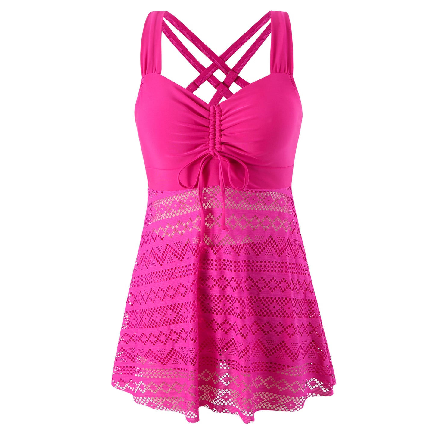 Pink lace dress with criss-cross straps on a white background