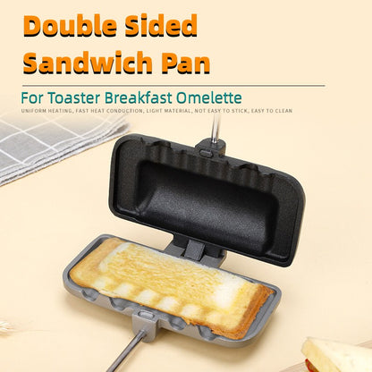 Double-sided sandwich pan with a cooked omelette on a beige background