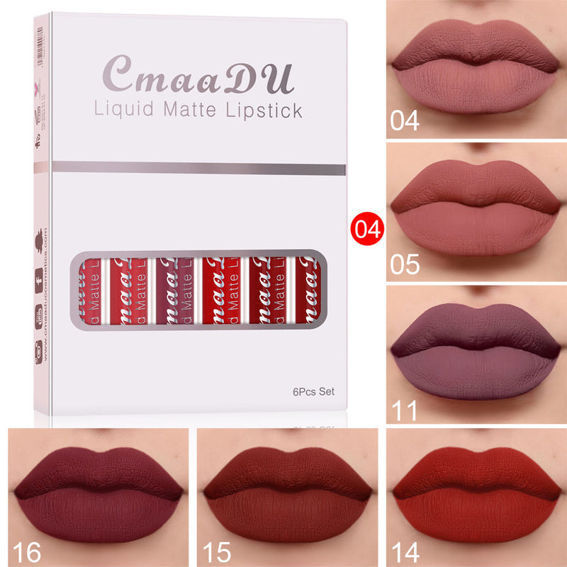 CmaaDu liquid matte lipstick set box with lip shade swatches in pink, berry, mauve