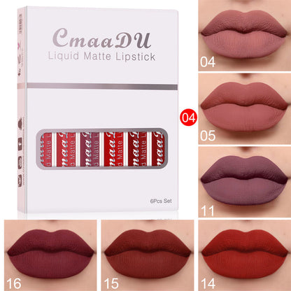 CmaaDu liquid matte lipstick set box with lip shade swatches in pink, berry, mauve