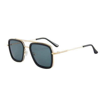 Unisex square-frame sunglasses with black frame, gold accents, dark blue lenses