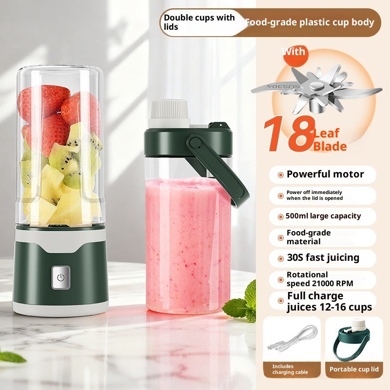 Electric USB juicer cup with double cups, clear lid, and green handheld juicer top