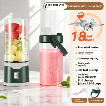 Electric USB juicer cup with double cups, clear lid, and green handheld juicer top