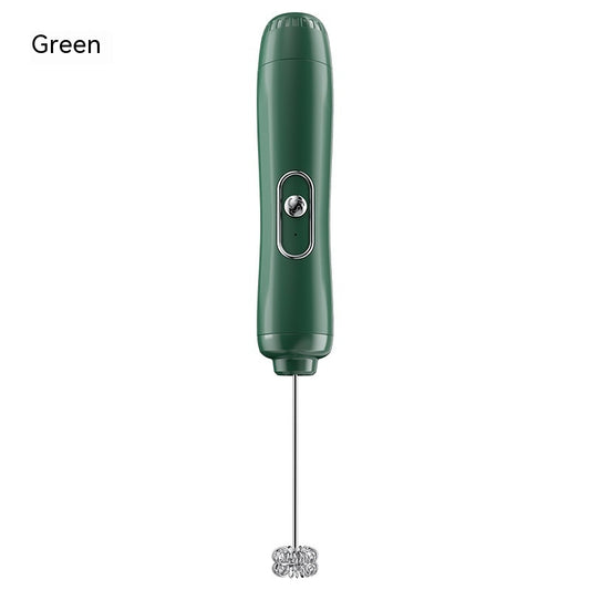 Green handheld milk frother on a white background