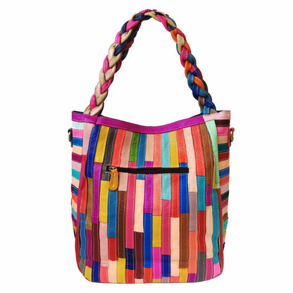 Colorful striped handbag with a braided handle on a white background