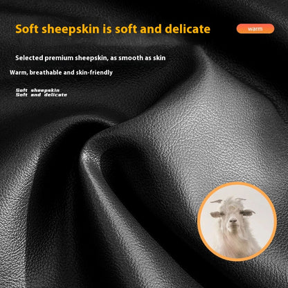 Close-up of soft sheepskin fabric with a small inset image of a sheep.
