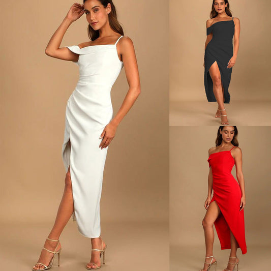 Three different dresses worn by a model on a beige background