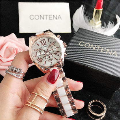 Ladies quartz watch with rose-gold tone case, white Roman-numeral dial, metal bracelet