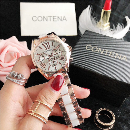 Ladies quartz watch with rose-gold tone case, white Roman-numeral dial, metal bracelet
