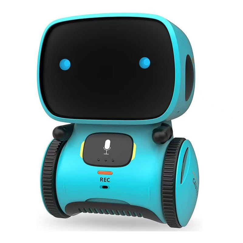 Blue voice-recognition learning robot with front screen and microphone icon