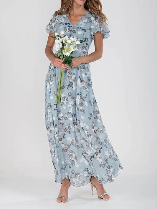 Flowers Print Short Sleeve Dress Summer Fashion Ruffle Beach Dresses Women's Clothing - YAXSO