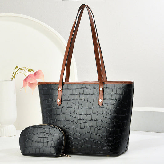 Black croc-texture PU tote with zip pouch, wide handles, snap-front strap