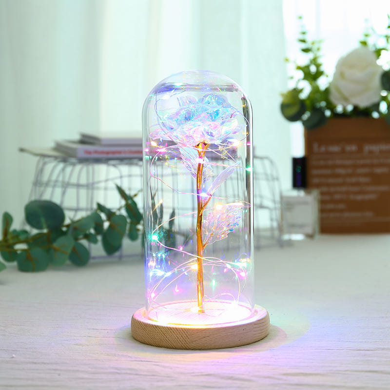 LED rose glass dome lamp with multicolor glowing rose under clear dome, light base