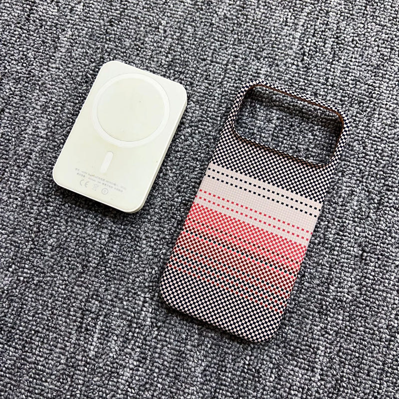 Magnetic iPhone case with black-and-white houndstooth pattern and red stripe center