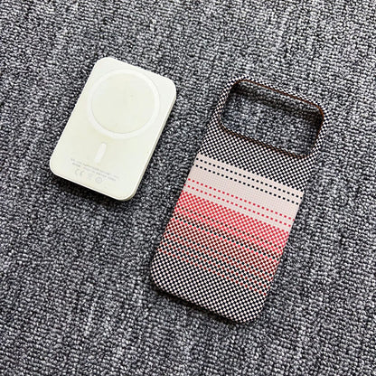 Magnetic iPhone case with black-and-white houndstooth pattern and red stripe center