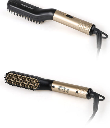 Gold and black heated hair straightener brush comb with power cord and textured grip