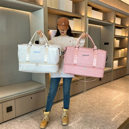 Pink and white quilted travel bag set, each with handles and matching pouch
