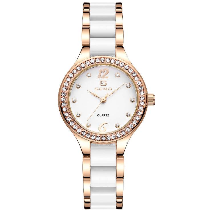 Watch with white and rose gold design on a white background