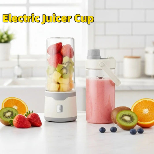 Electric USB juicer cup with clear lid and blending chamber, filled with fruit pieces