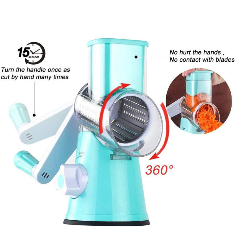 Turquoise manual vegetable grater with features highlighted on a white background