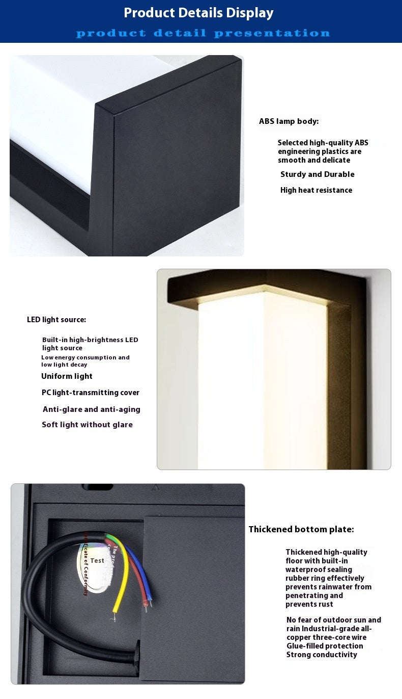 Rectangular black LED outdoor wall lamp showing side profile, frosted panel, and wiring