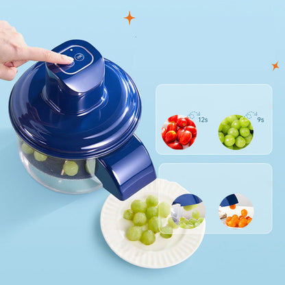 Blue electric grape peeler with clear bowl dispensing grapes onto a white plate