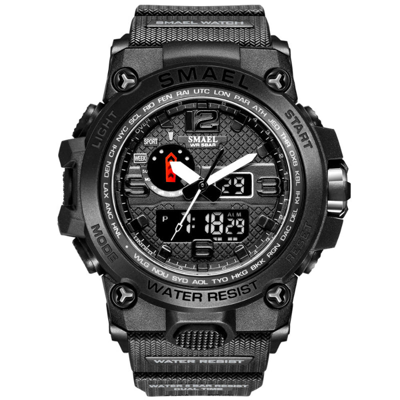 Black SMAEL watch with digital and analog display on a white background