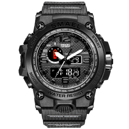Black SMAEL watch with digital and analog display on a white background