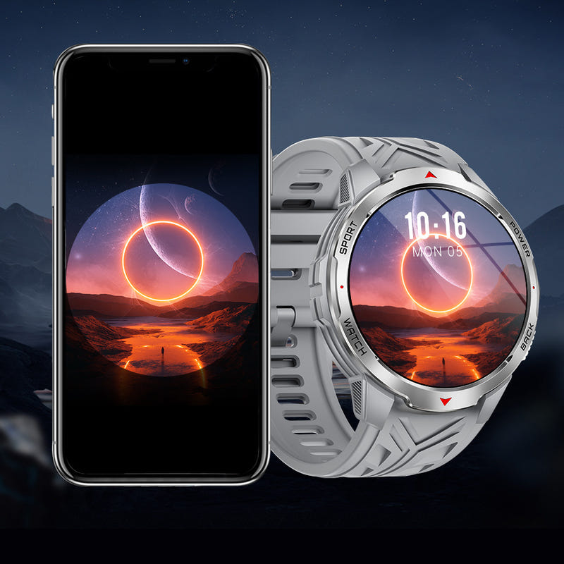 Silver smart watch with glowing ring display, shown with smartphone
