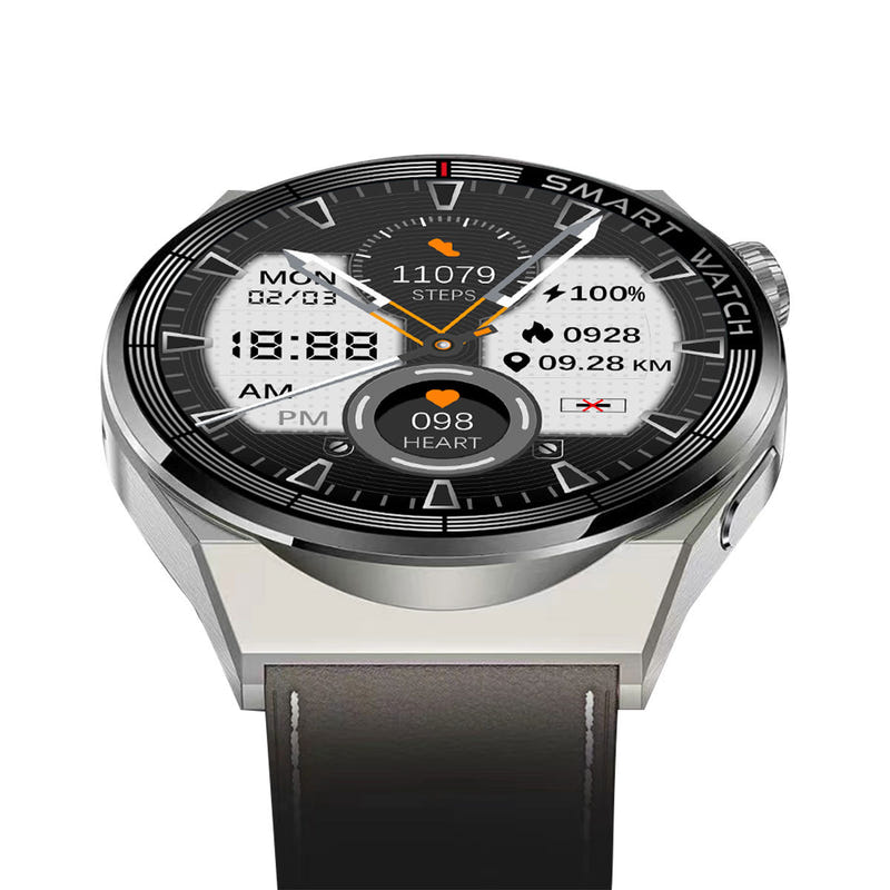 Smartwatch with silver case and black strap, round face showing heart and steps