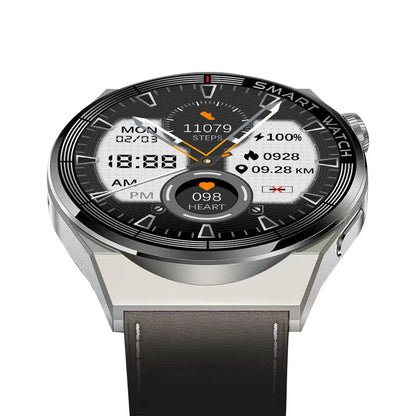 Smartwatch with silver case and black strap, round face showing heart and steps