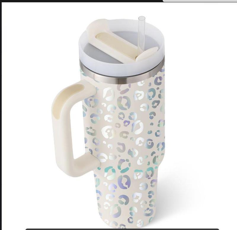 Cream 40 oz tumbler with handle, lid, and clear straw; multicolor leopard-print wrap