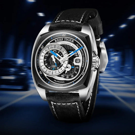 Men's automatic wristwatch with black leather strap and dark dial, blue hands and subdials
